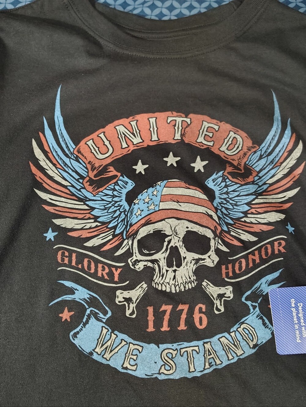 Patriotic Skull Graphic Tee - Black / Red / Blue - Picture 2 of 8